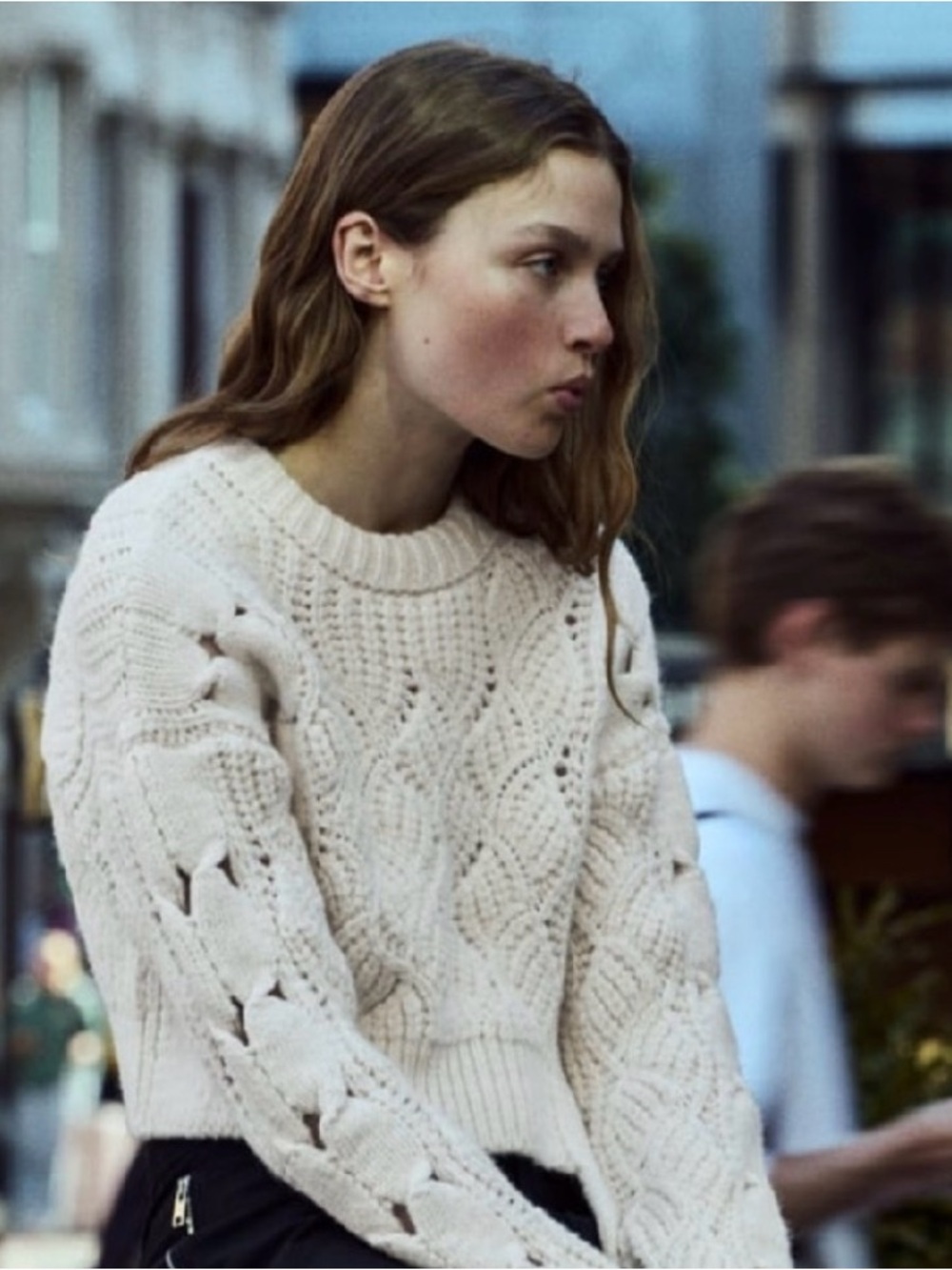 ZARA WOMAN ECRU CABLE KNIT TIE SWEATER - Size L